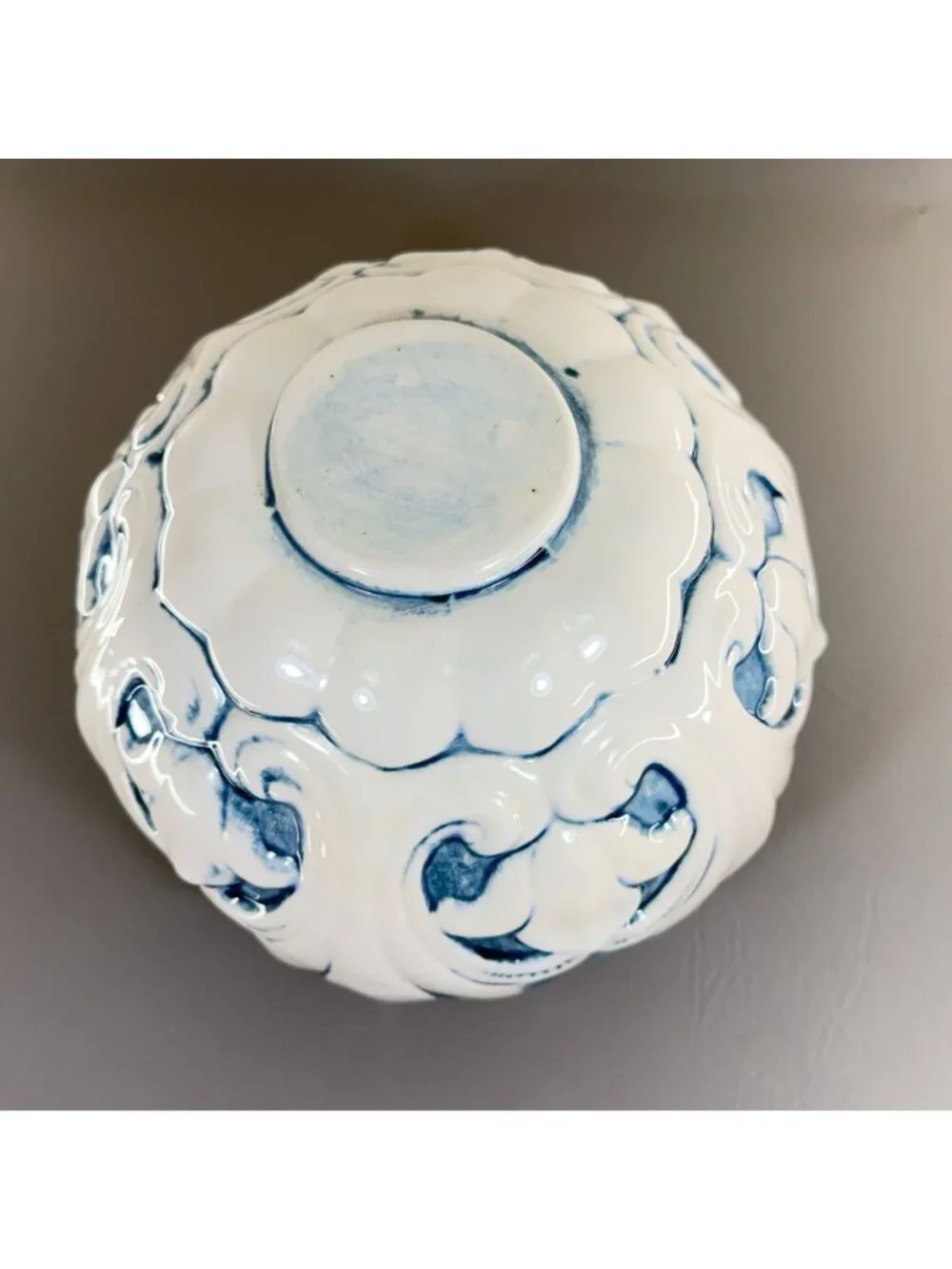Italian Style Blue White Majolica Petal Cachepot Large Floral Centerpiece Bowl